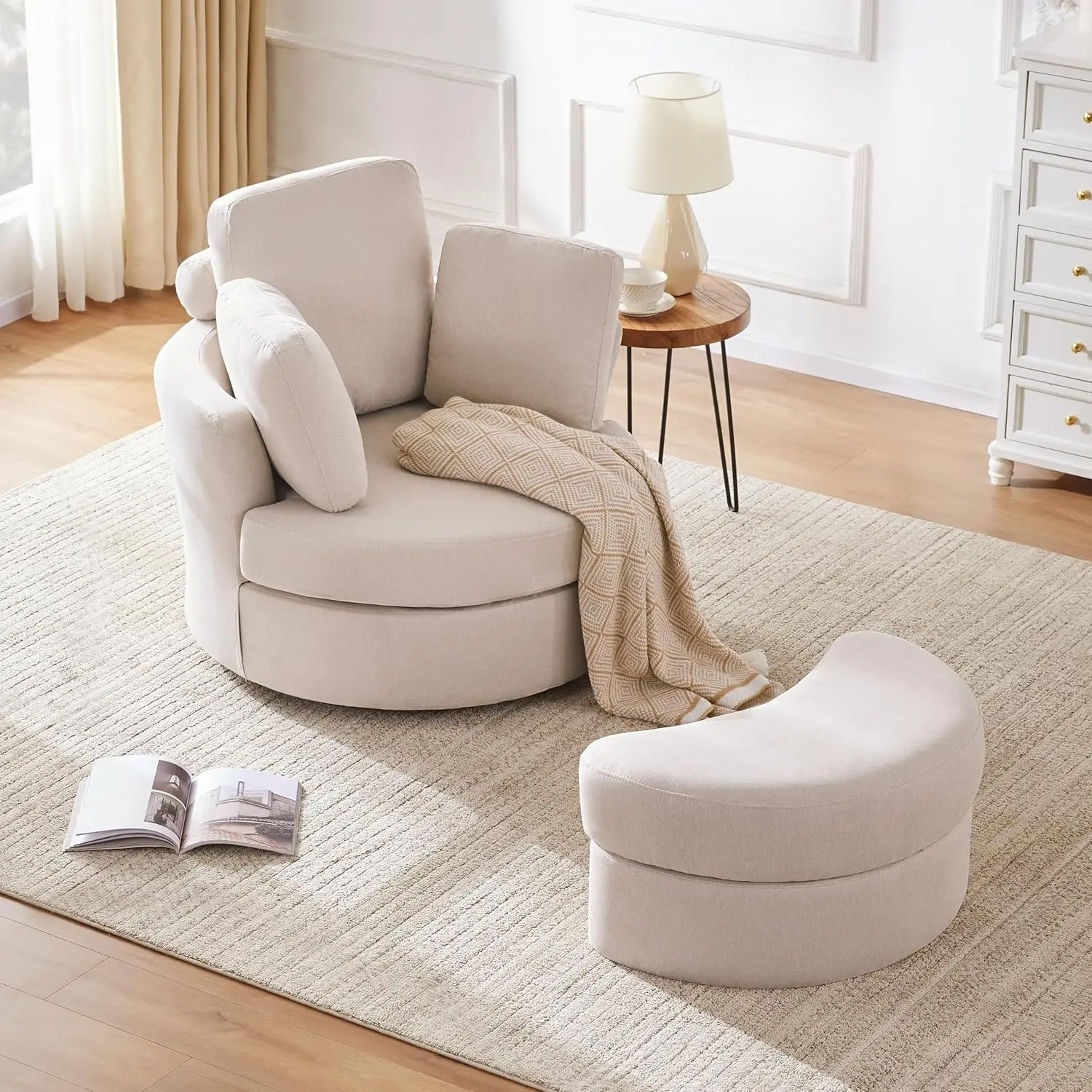 39' Drehbarer Akzentstuhl mit Kopfstütze und Ottomane, beige Chaiselongue für das Wohnzimmer