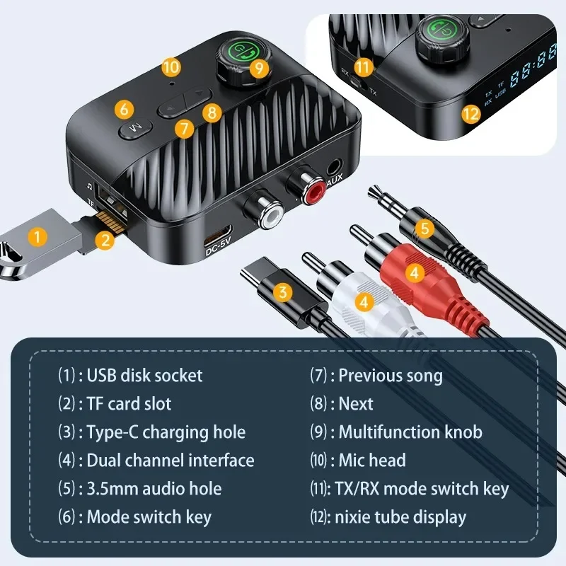 

Bluetooth 5.3 Receiver Transmitter TF U Disk 3.5MM Jack RCA Wireless Handsfree Music Stereo Audio Adapter For TV Car Speaker