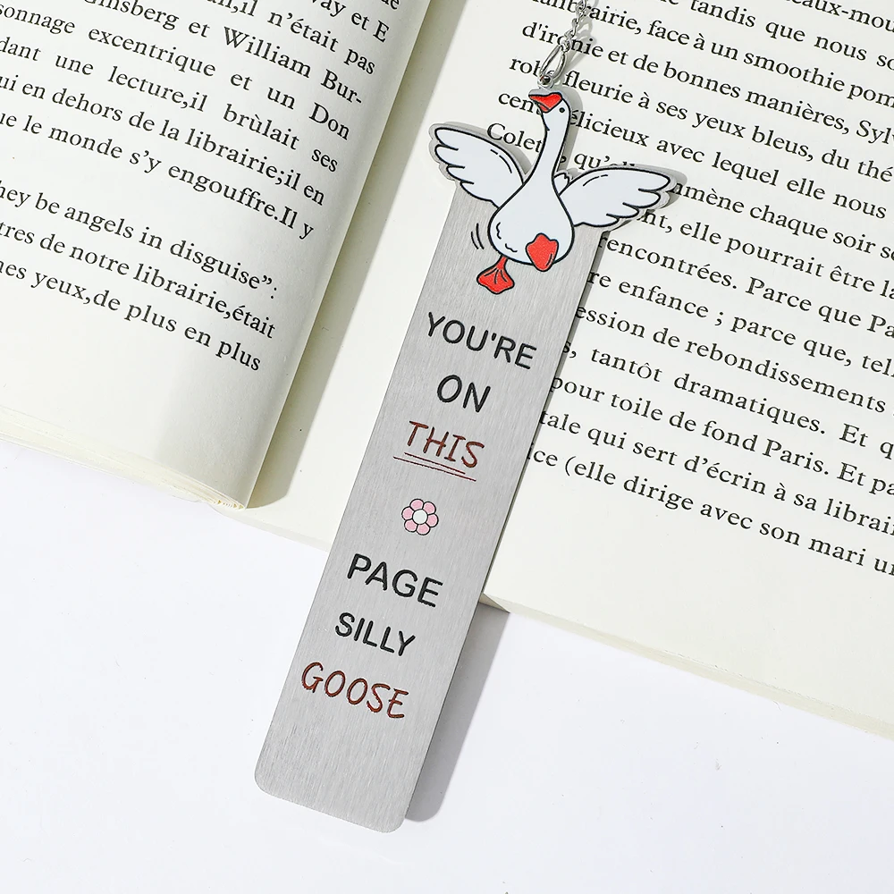 Silly Goose Metal Bookmarks Silver Lavender Page Markers with Duck Charm Chain, Red Accent Letters & Floral Decor for Book Lover