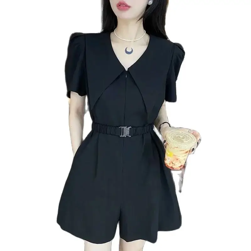 

Summer 2024 New Loose Temperament Siamese Shorts Women Fashion Suit Jumpsuit High-Waisted Waistband Pure Colour Black Female