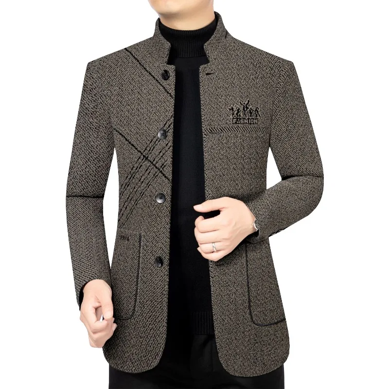 New Autumn Men Stand-up Collar Wool Blends Trench Coats Business Casual Blazers Jackets Quality Man Thicker Blazers Jackets 4XL