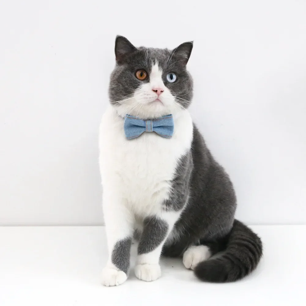 Pet Denim Bow Tie Collar for Dressing Up Cats Dog Adjustable Necktie Collar Rabbit for Taking Photo Cute Accessory for Going Out