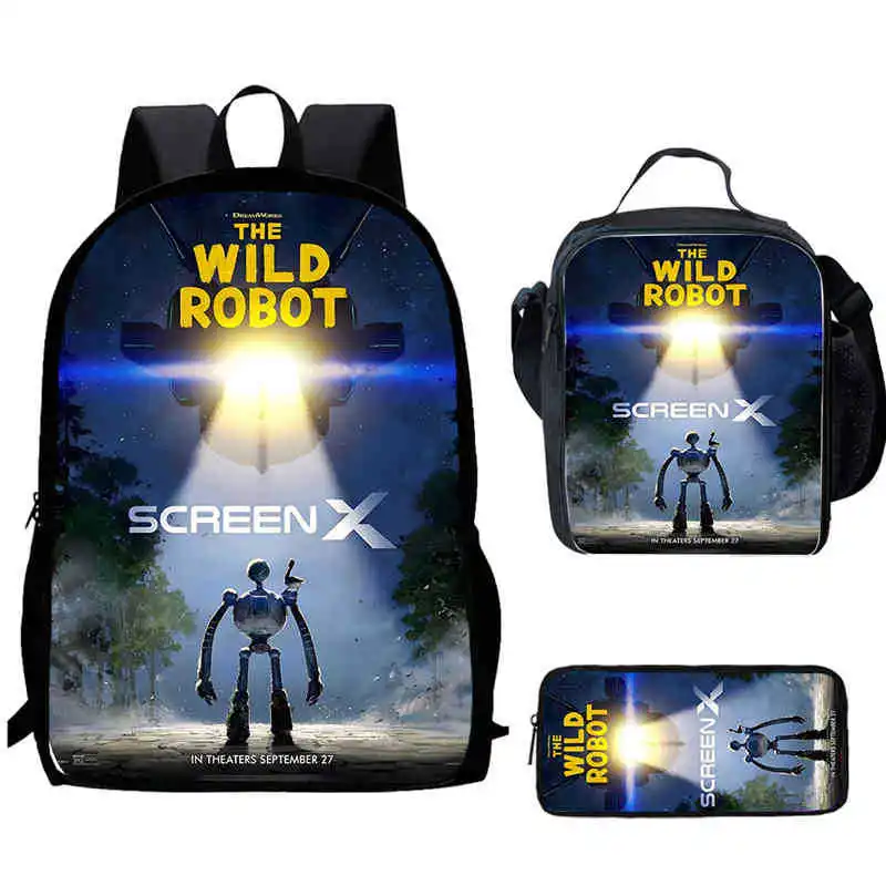 Trendy Popular Funny The Wild Robot 3D Print 3pcs/Set pupil School Bags Laptop Daypack Backpack Lunch bag Pencil Case