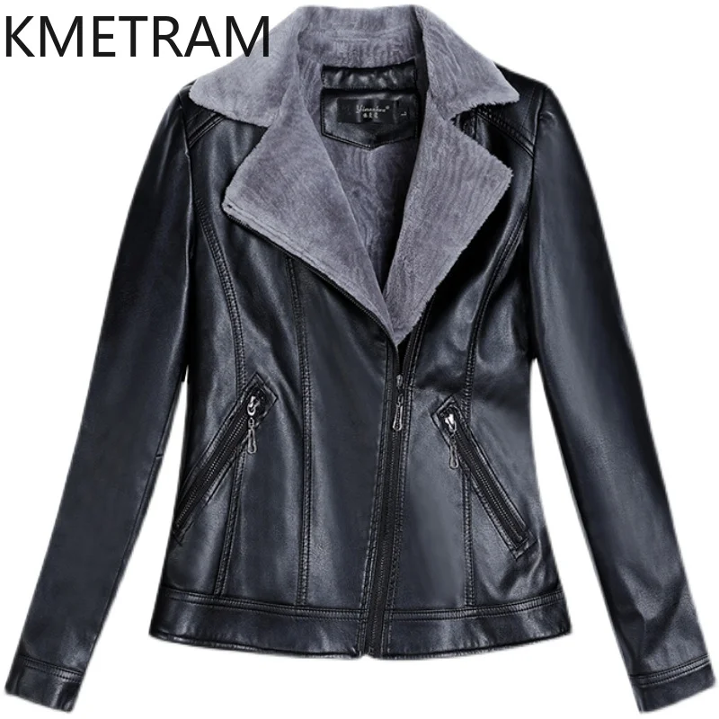 

KMETRAM Real Leather Jacket for Women Natural Sheepskin Fur Motocycle Coats Thickened Plush Short Women's Jackets Autumn Winter