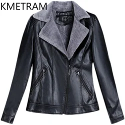 KMETRAM Real Leather Jacket for Women Natural Sheepskin Fur Motocycle Coats Thickened Plush Short Women's Jackets Autumn Winter