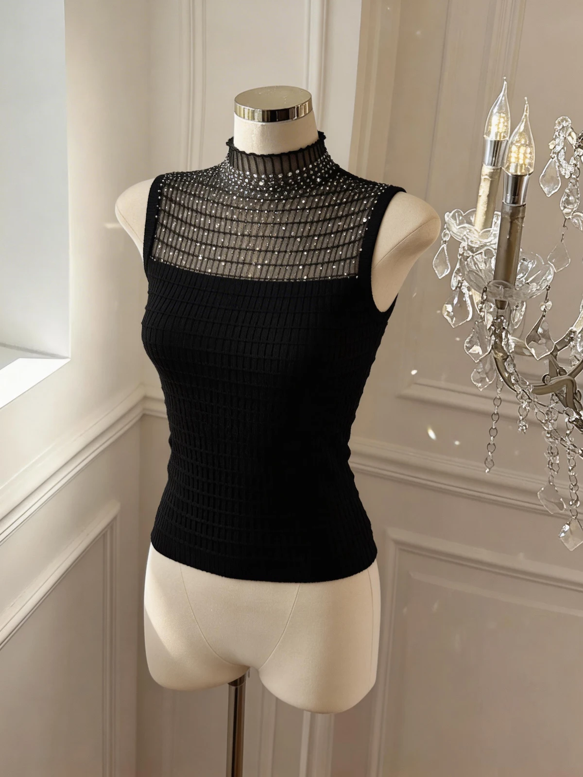Women's Summer Elegant Diamonds Turtle Neck Sleeveless Knitted Top Lady Mesh Patchwork Solid Color Slim Top