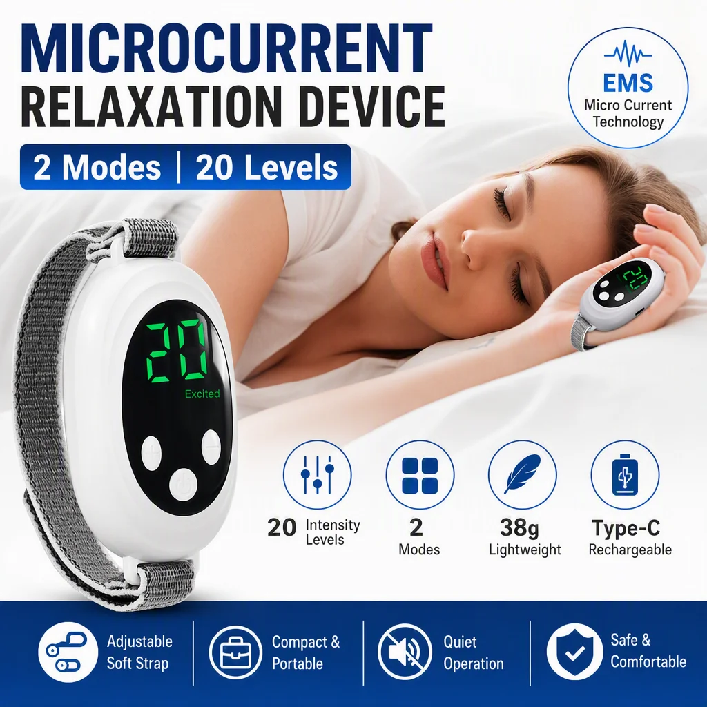 Handheld Microcurrent Relaxation Device with 2 Modes, 20 Levels, Soft Fit Strap, Type-C Rechargeable Portable Comfort Tool
