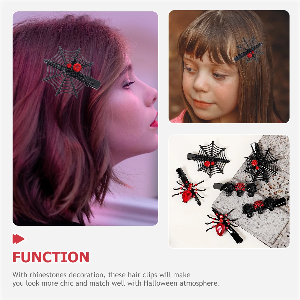 

6 Pcs Funny Hair Accessories Skull Barrettes Halloween Spider Web Clips Rhinestones