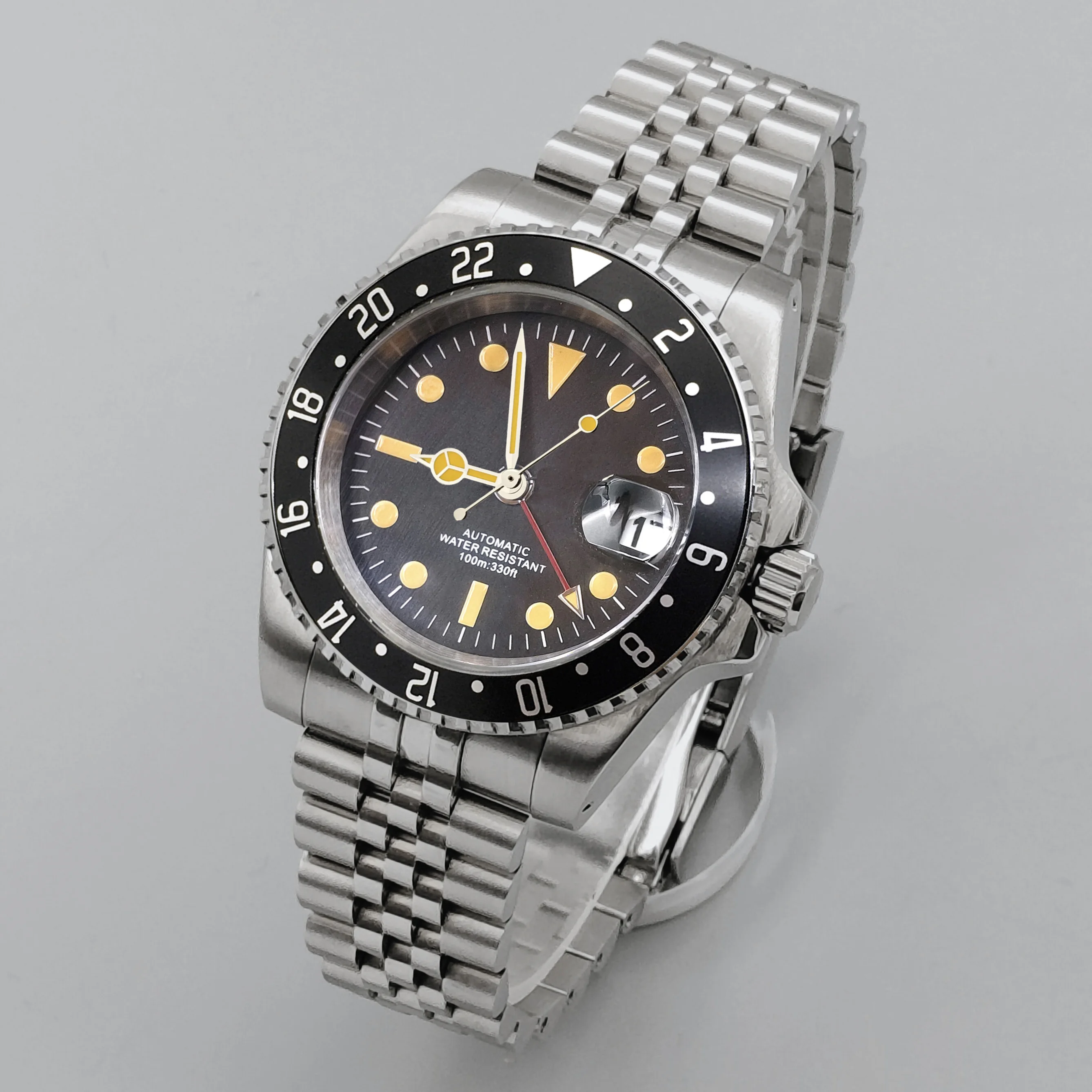 BLIGER 40mm Luxury Vintage GMT Men\'s Wristwatch Red Blue Bezel Sapphire Glass Luminous Dial 100m Waterproof Date Stainless Steel