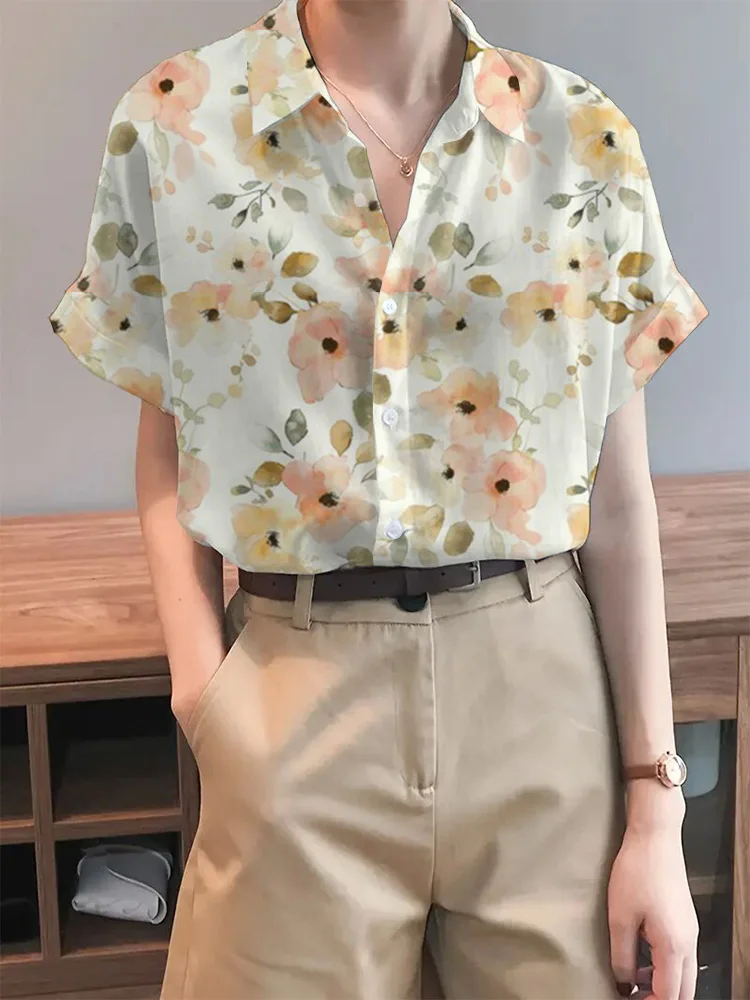 Summer Shirts & Blouses Floral Printed Women\'s Shirts 2024 Fashion Street Style Short Sleeve Casual Button Front Shirt Top