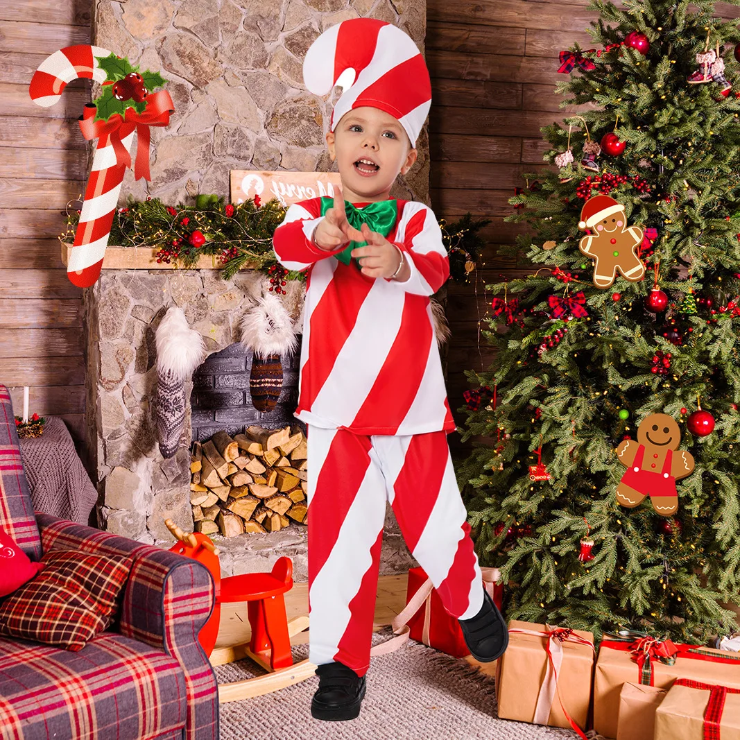 

Kids Candy Cane Fancy Dress Costume Boy Santa Claus Gift Box Clothes Holiday Party Stage Performance Costume