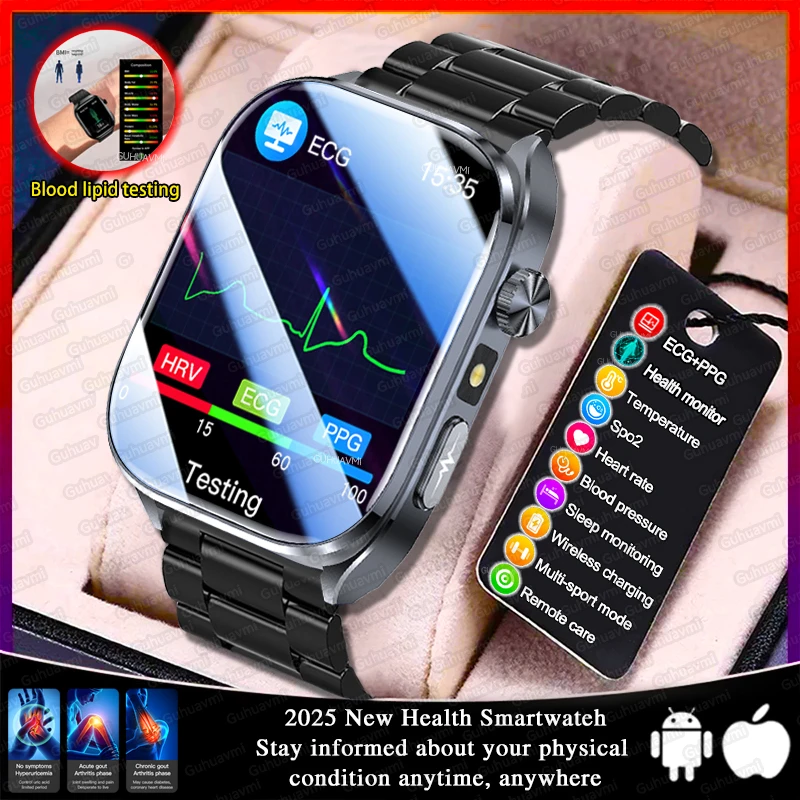 

2025New Blood Pressure Uric Acid Body Fat Smartwatch Men Micro Physical Examination Health Watches ECG+PPG Call Clock SmartWatch