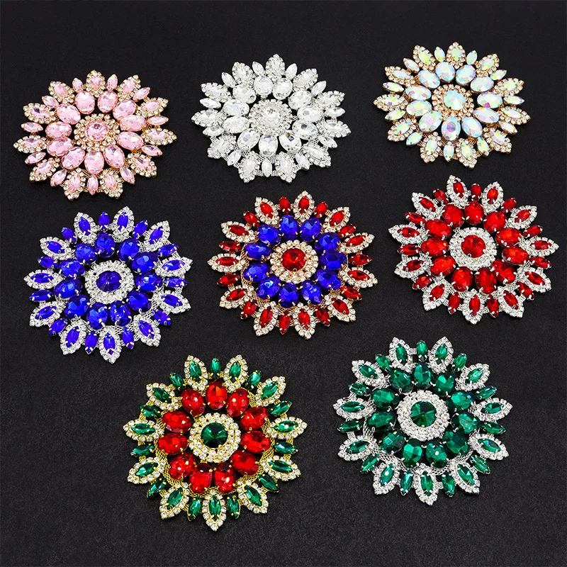 Luxury Rhinestone Flowers Applique with Metal Chain Back Platinum Crystal Patch Rhinestone Appliques for sew on Wedding Scarf