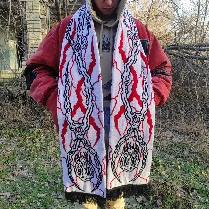 Dzianinowy szal damski Szal zimowy Fartuch Czarny szal z graffiti czaszki Nieregularny wzór Szal dziergany Retro Dwustronny