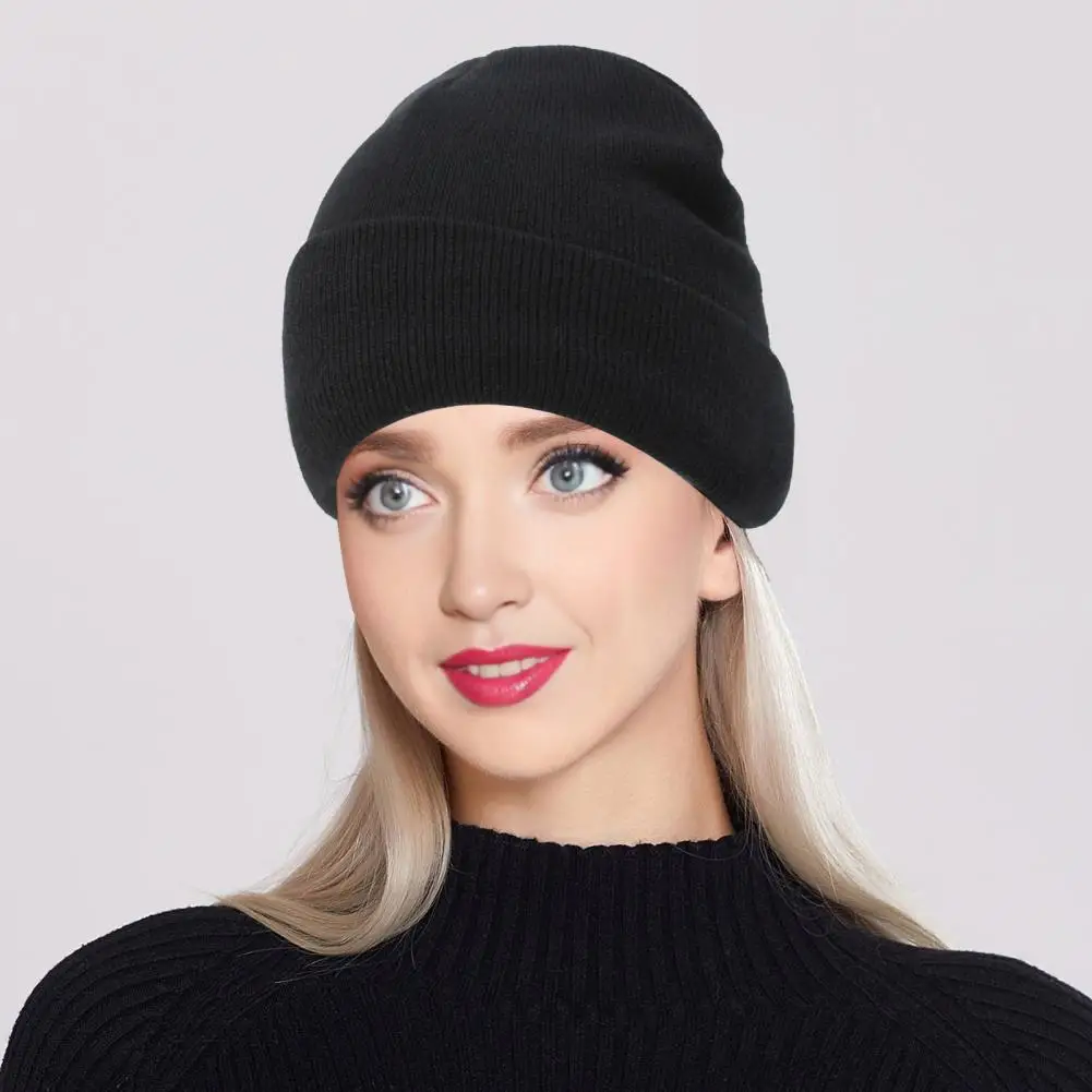 Winter Unisex Knitted Hat Stretchy Folded Brim Ear Protection Beanie Warm Daily Wear Cap Outdoor Skiing Skating Headwear 모자