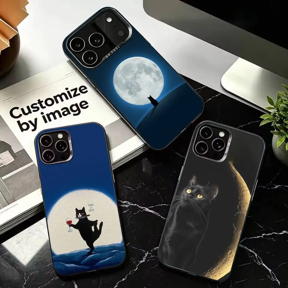 Funny Black Cat Moon Fashion Silver Protective Phone Case, Compatible with iPhone 11,12,13,14,15,16,17,Plus,Pro,Mini,Max
