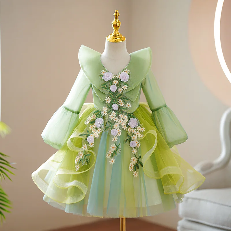 Vestido de boda de manga larga con cuello en V para niñas, tutú de princesa, hada de las flores verdes, vestidos de lujo para bebés, fiesta de cumpleaños infantil