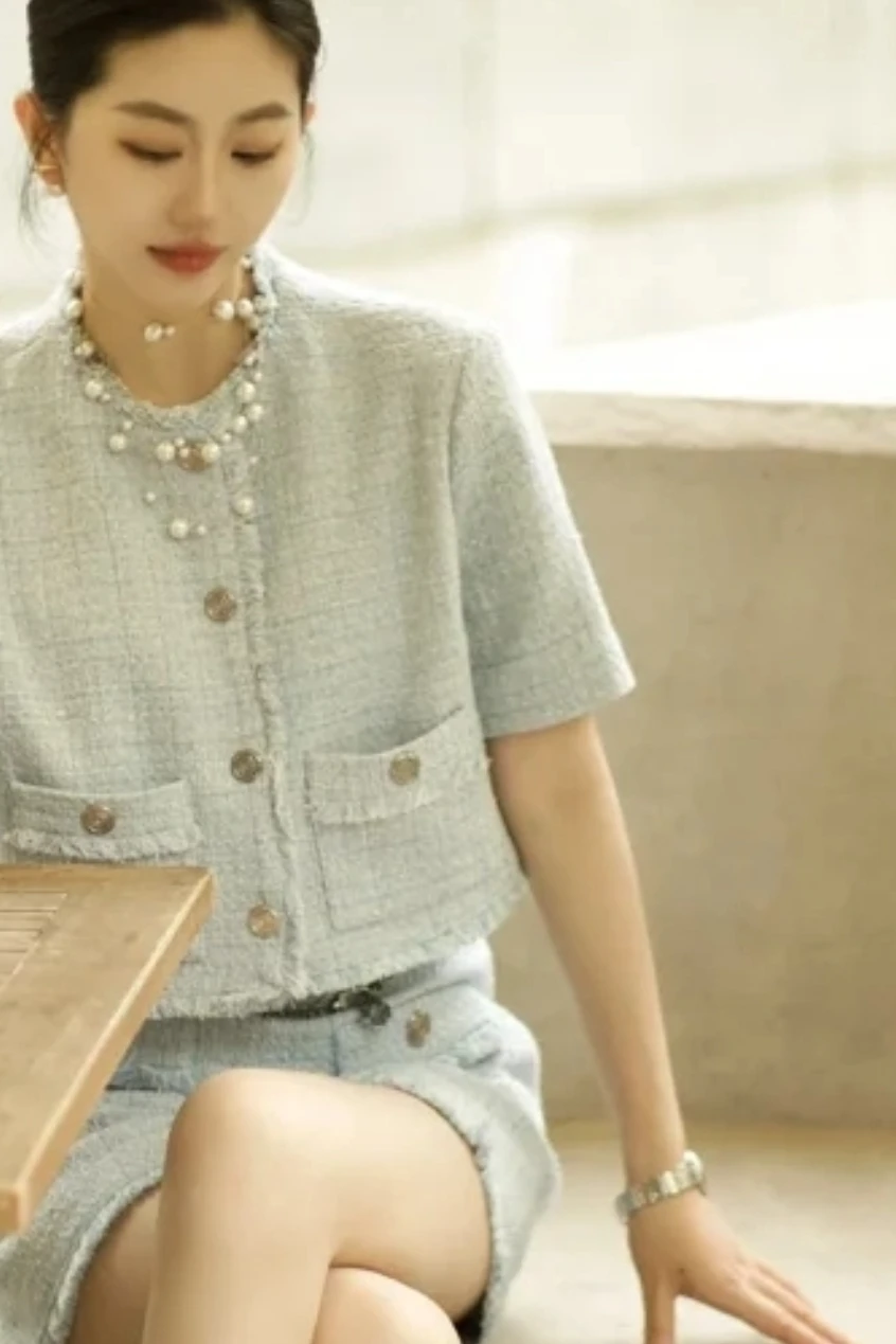

Luxury Three-piece Tweed Whisker Edge Blue Jacket Waist Chain Shorts Straight Trousers 25 New Autumn Style New in Matching Sets
