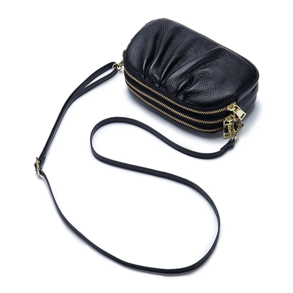 Luxury Genuine Leather Women's Bag Solid Colour Shoulder Bag Large Capacity 3 Zipper Crossbody Bags Cowhide Portable Phone Bag image 5