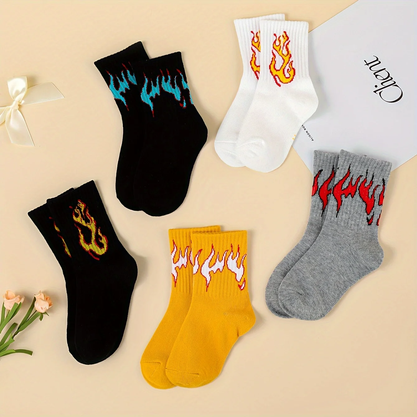 5 pairs of children\'s spring and autumn season flame jacquard trendy socks, cute socks, tight, comfortable, breathable, suitable