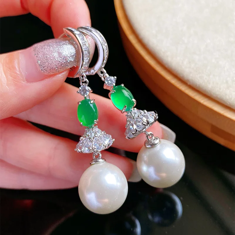 Ice Transparent Agate Green Chalcedony Natural Shell Comparable to Pearl Long Earrings for Women Elegant Ear