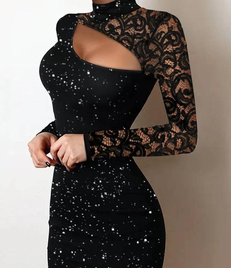 Elegant Evening Dresses for Women 2024 Fashion Glitter Contrast Lace Cutout Long Sleeve Bodycon Mini Dress Hip Wrap Short Skirt