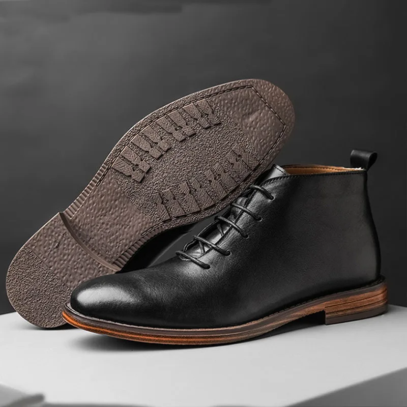 Ankle Boots For Men High Quality Genuine Leather Shoes Elegant Lace Up Business Office Footwear High Top Dress Shoes