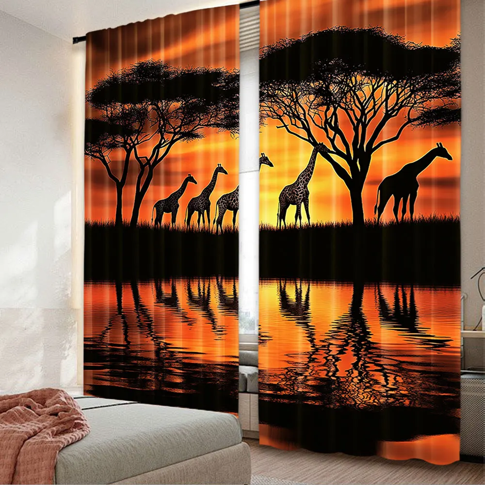 2Pcs Giraffe Silhouette With Tree Over Sunrise In Kenya Curtain For Bedroom Living Room And Dining Room A 29.53X65.35In,