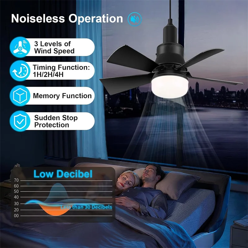 LED Ceiling Fan With Light E27 Socket Remote Control Dimmable 30W Modern Smart Wireless Fans Lighting For Bedroom Garage Kitchen