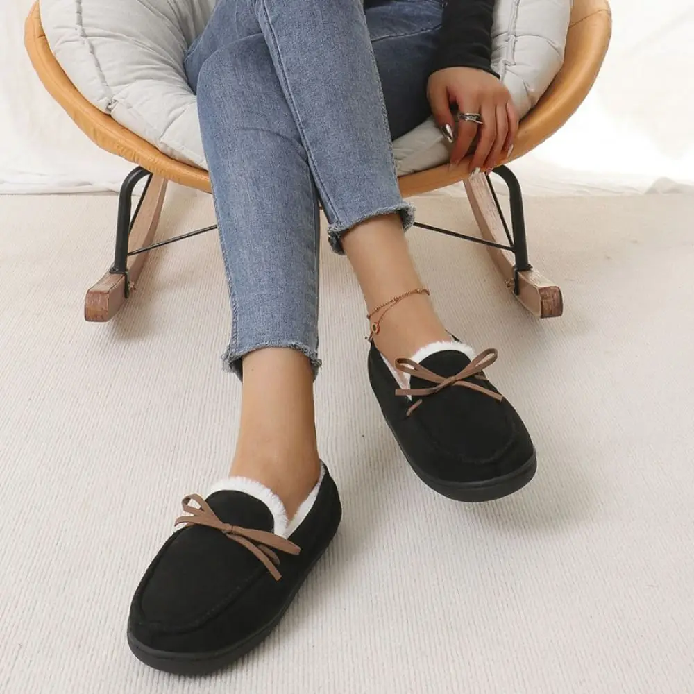 Casual Artificial Wool Bowknot Slippers Women Non-slip Fluffy Fleece Flats Slippers Winter Outwear Soft Plush Flats Indoor