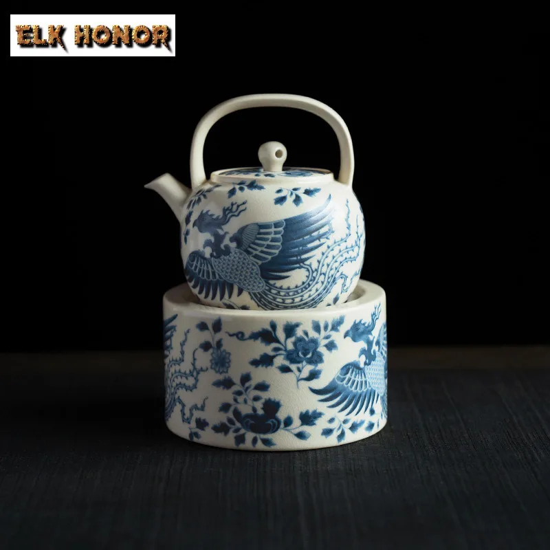 Soda Glazed Blue and White Phoenix Tea Warmer Holder Candle Heater Stove Kettle Stand Boiling Water Carbon Furnace Teaware Craft