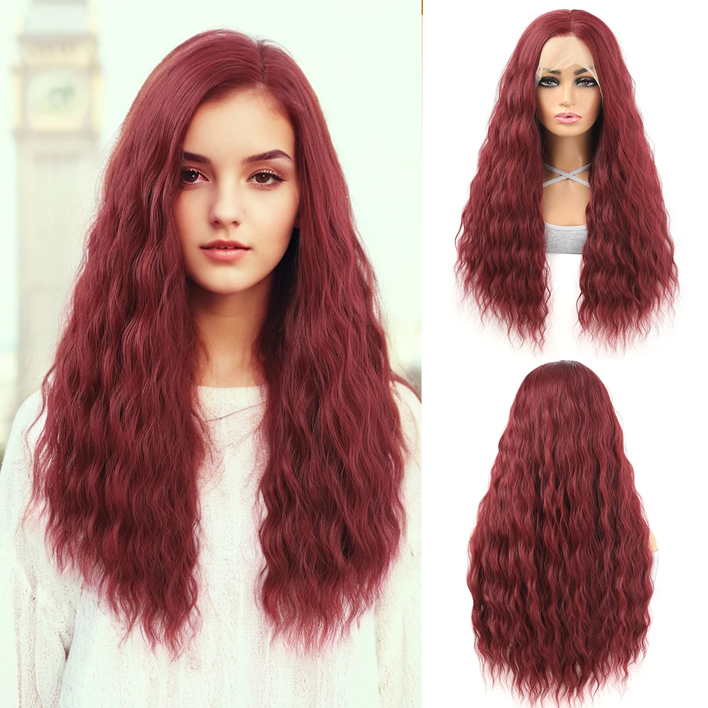 

Бордовый 13x4 Глубокие Волны Парики Фронта Шнурка Синтетические 28 дюймов HD Прозрачные Парики Фронта Шнурка Красного Цвета Водяные Вьющиеся Парики Фронта Шнурка