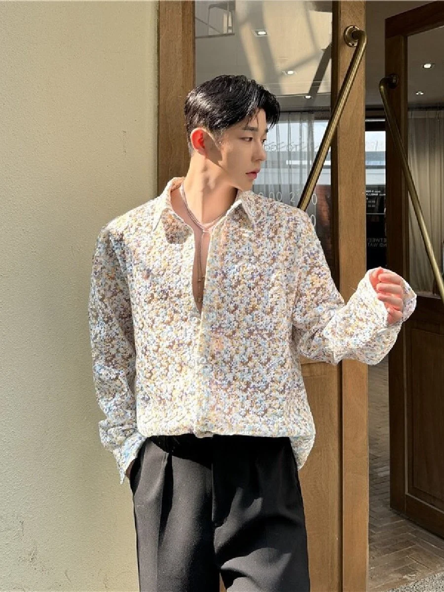 

Ele Floral Hollow out Design Long Sve Men's irt Korean Sle Loose Fit Casual Outerwear Breathable Summer irt