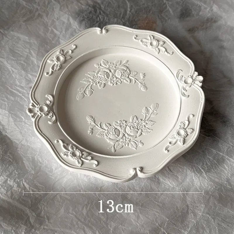 European Style Plaster Tray Decorative Display & Jewelry Organizer with Carved Floral Design Photo Prop for Home Decor view 4