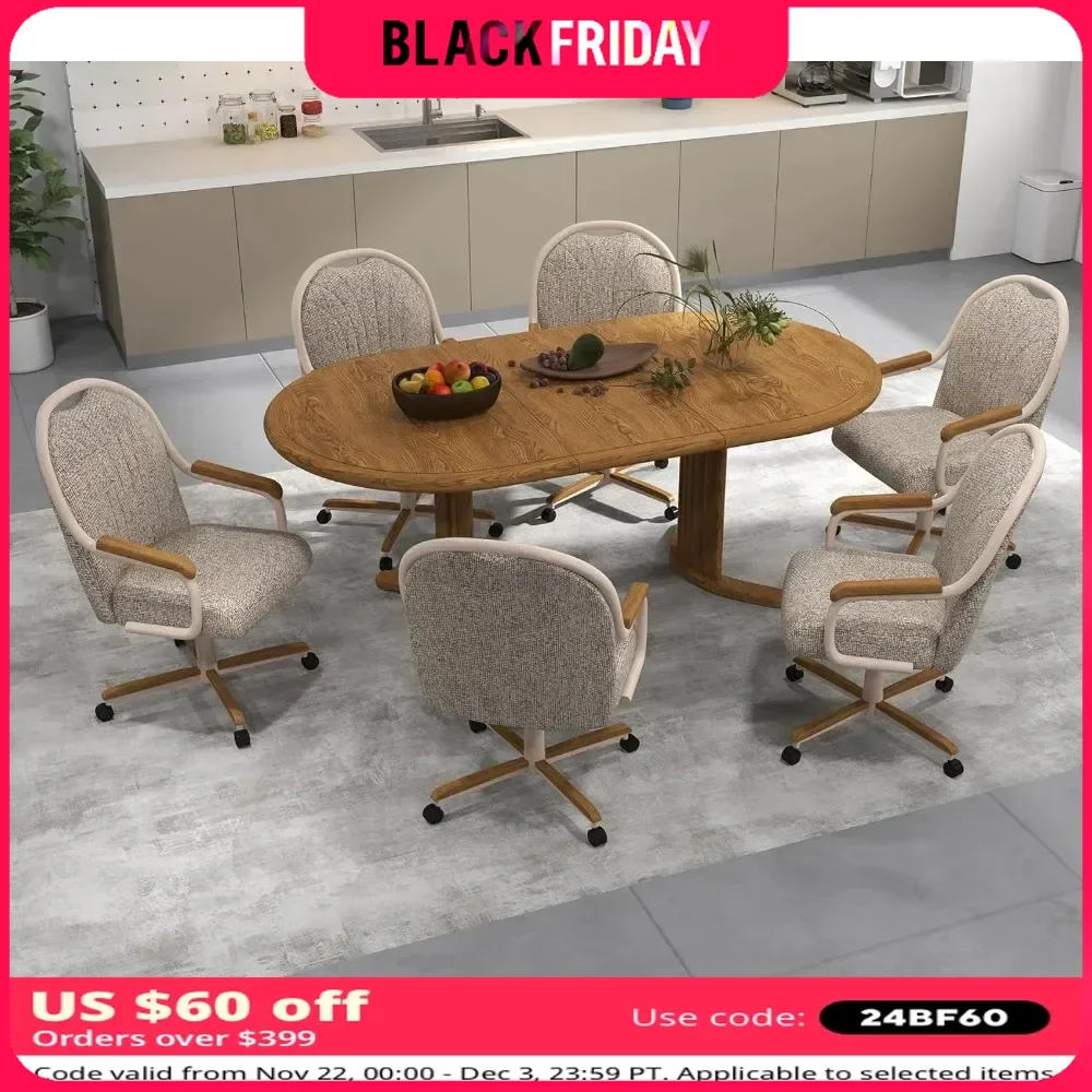 Douglas 6 Casual Dining Chairs Classic Swivel Tilt Dinning Chairs with Casters, Wooden Arm Metal Base Chairs with Rolling Wheels