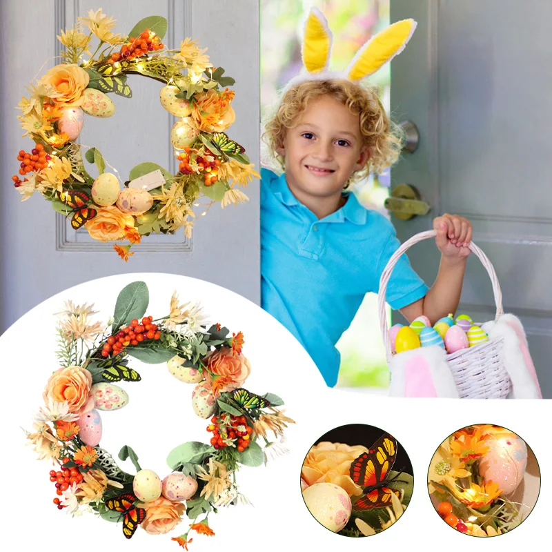 30/35cm Led Easter Egg Spring Wreath Silk Flower Lovely Rabbit Ear Welcome Sign Holiday Hanging Decoration For Door Wall Decor