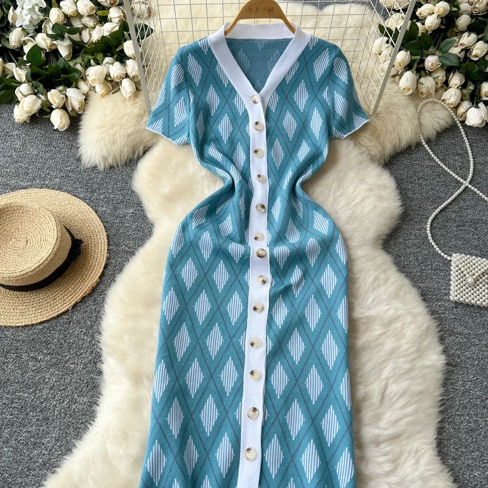 Chic Split Elegant Casual Short Sleeve Single Breasted Rhombus Knit Dress Vintage Korean Office Lady Slim Women Summer Clothing