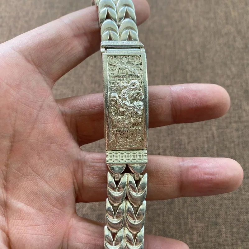 Retro Breites Weizenkorn-Armband Weißes Kupfer mit Drachenprägung Unisex Ethnischer Streetwear-Armreif Schmuck Geschenk