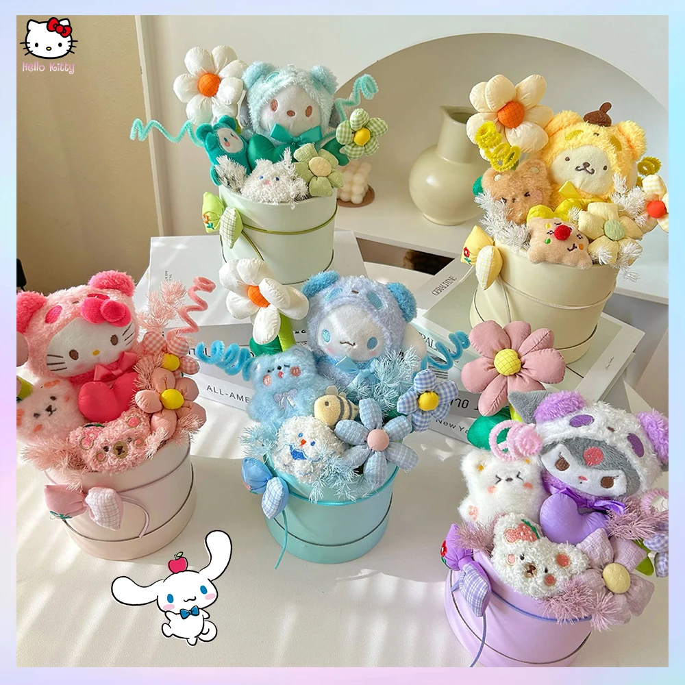 Anime Sanrios Hello Kitty Kuromi Cylinder Plush Doll Bouquet with Light Kawaii Cinnamoroll Doll Cute Festival Girlfriend Gift