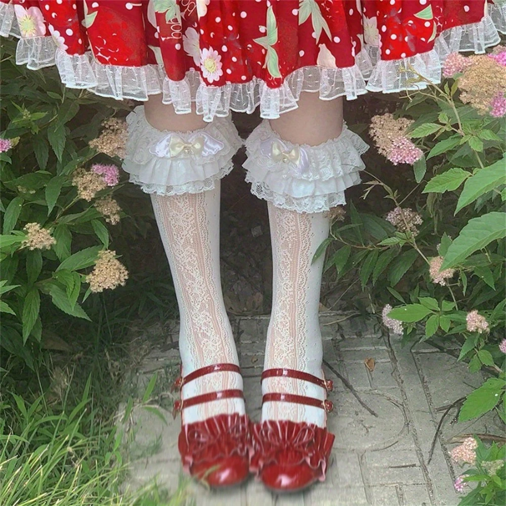 Sweet Girls Lolita Milky White Bow Lace Long-tube Calf Socks Ladies JK Hollow Out Pattern Stockings Themed Party Dress Accessory