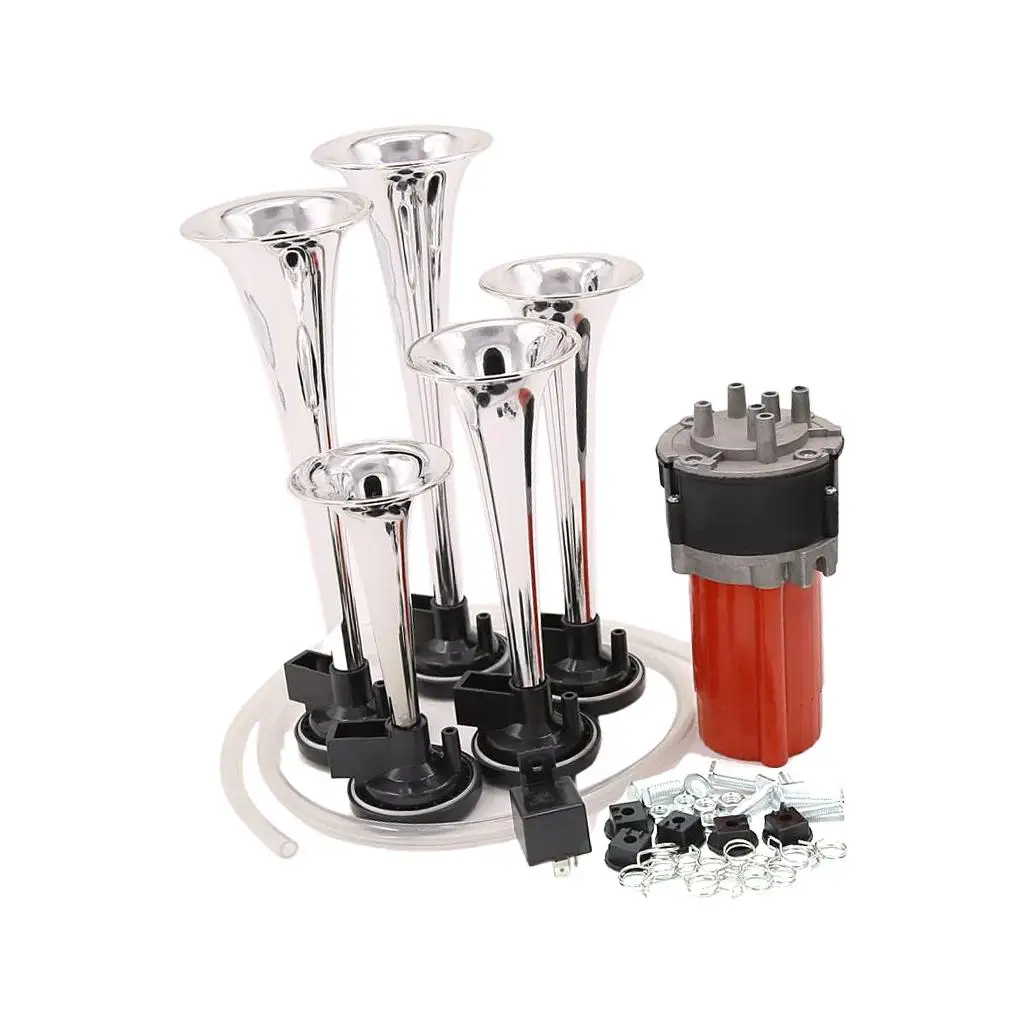 12V 5-Trumpet Musical Jazz Air Horn Compressor Kit 130db Silver for Car Truck Motorcycle