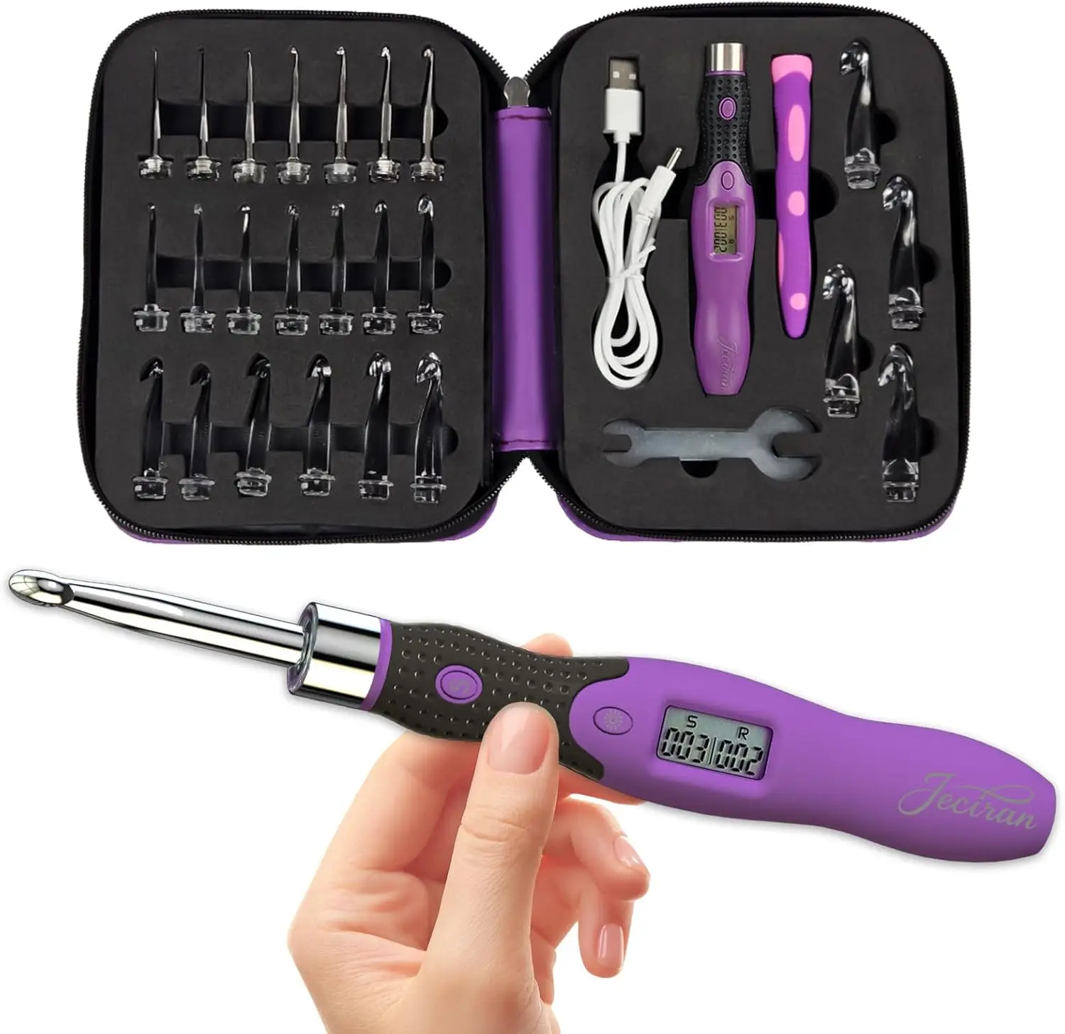 

Upgraded Counting Crochet Hook Set - 24-in-1 Interchangeable Hooks Kit - Light Up, Digital Stitch