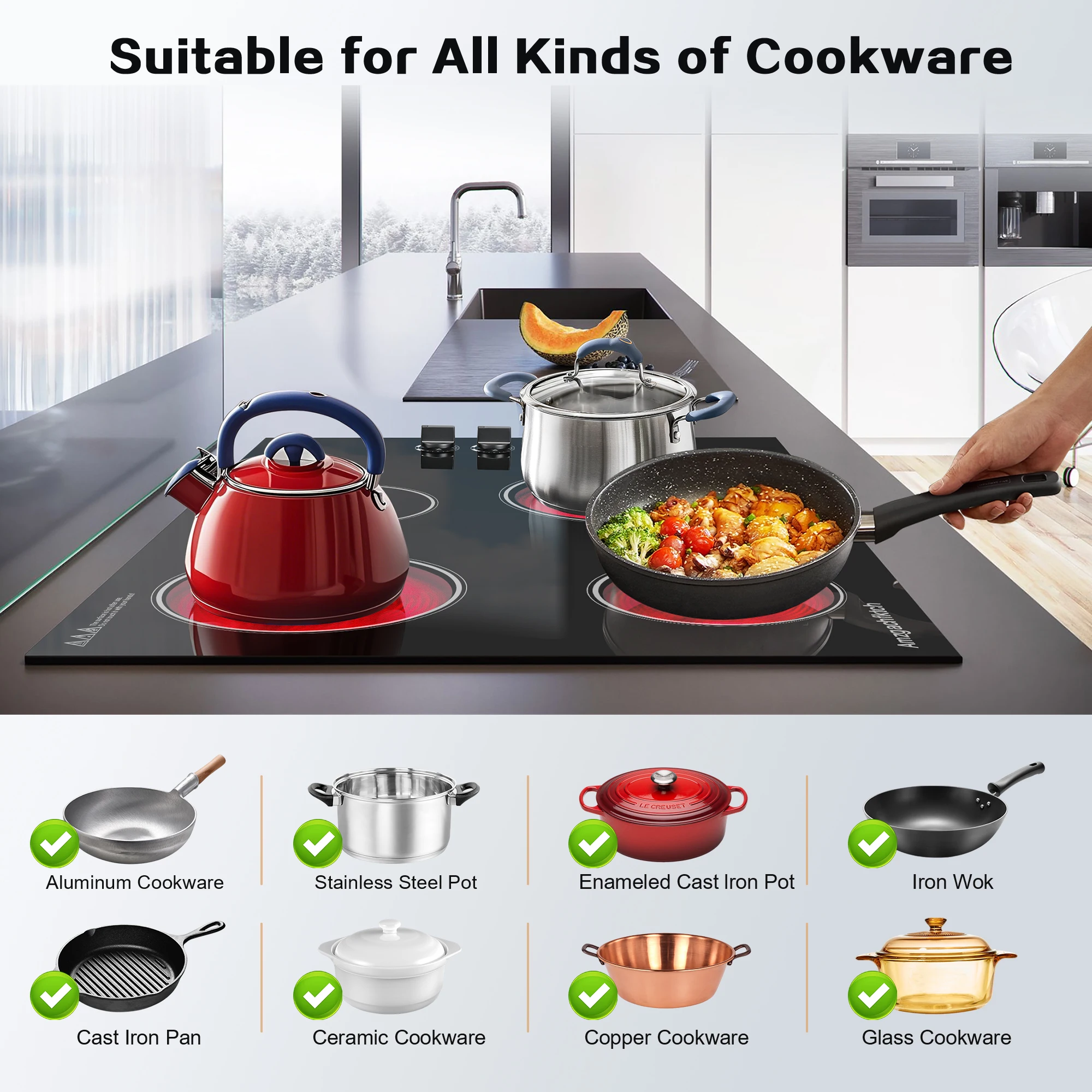 30 polegadas 4 queimadores embutidos 6700W 240V com indicador de superfície quente sem radiação certificação ETL fogão elétrico cerâmico