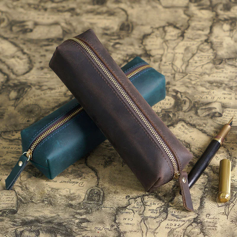 Leather Pen Storage Bag Men's Leather Zipper Pen Bag Student Pencil Case Simple Large-capacity Stationery Bag