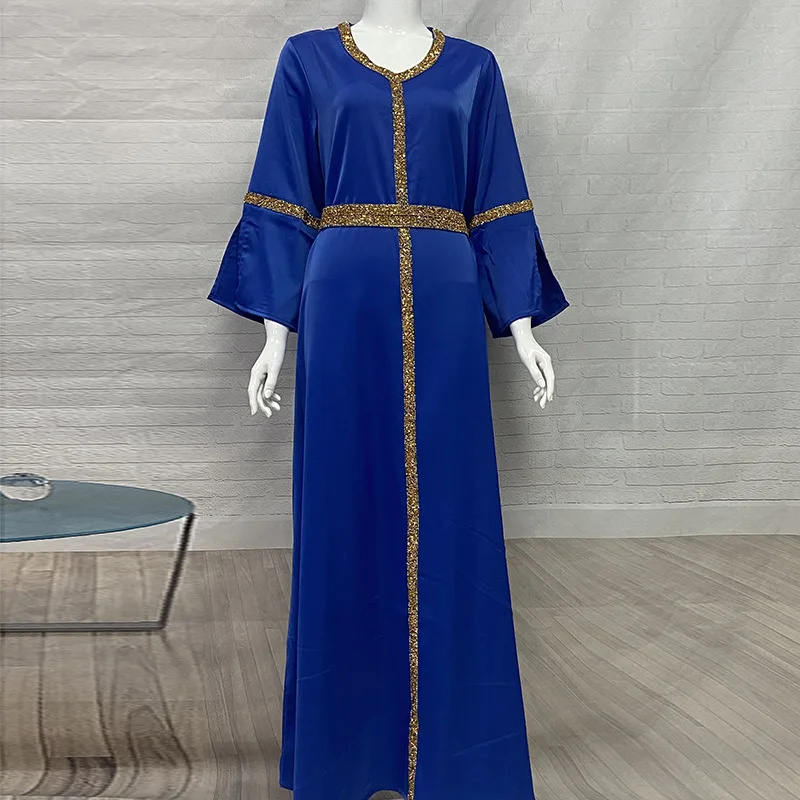 Solid Dubai Women Diamonds Wrist Sleeve V-Neck Party Gown Jalabiyat Moroccan Saudi Caftan With Sashes Islamic Clothing