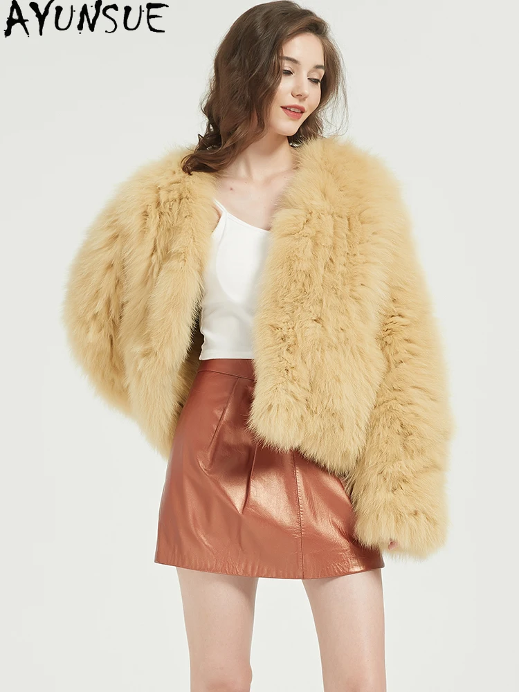 AYUNSUE Fuchs Pelzmantel Frauen Winter Kleidung 2025, Warme Echt Pelz Mäntel Frau Koreanische Neue in Mäntel Kurze Stil Casaco feminino Weben