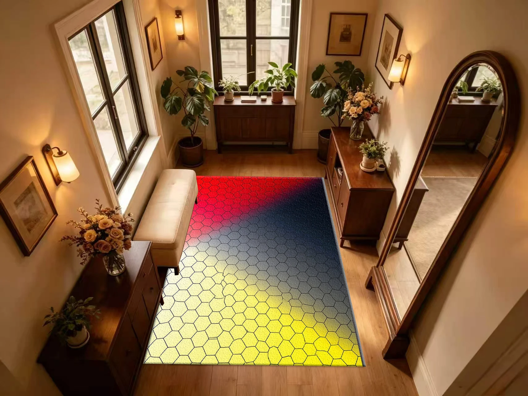 Red‑Yellow Gradient Honeycomb Cracked Texture Carpet Flooring Modern Abstract Geometric Household Indoor Decor Wall‑To‑Wall Floor Mat
