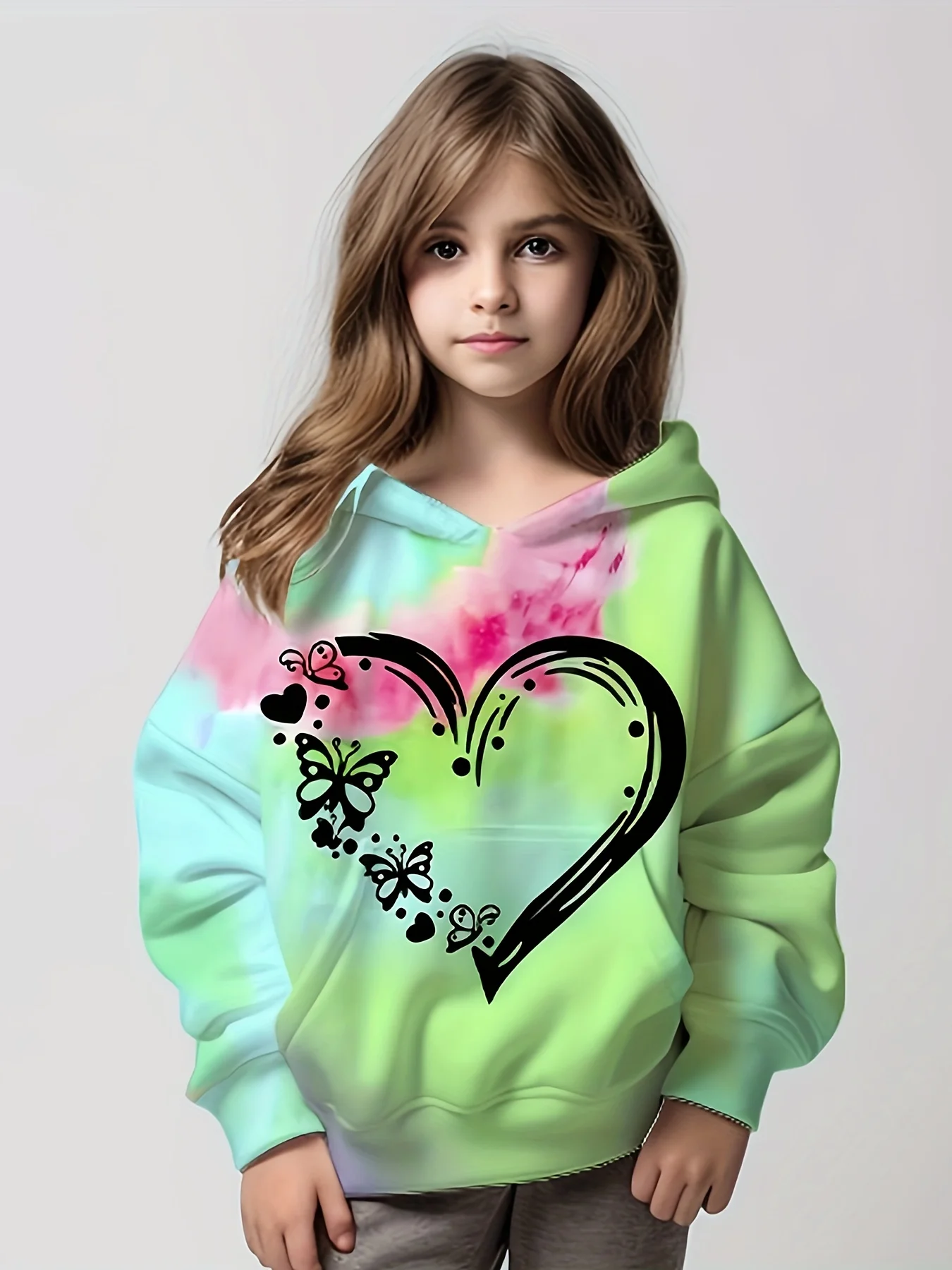 Y2k Girl Pink Love Hoodie Top Long Sleeve 3D Digital Printing Candy Color Kawaii Crew Neck Children Autumn and Winter Warmth