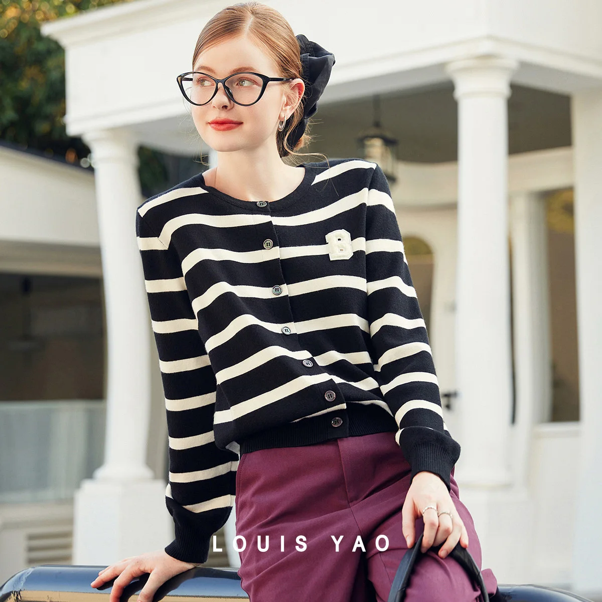 

LOUIS YAO Striped Letter Logo Cardigan 2025 Spring Autumn Casual Round Neck Women's Knitwear Slightly Stretchy Knitted Sweater