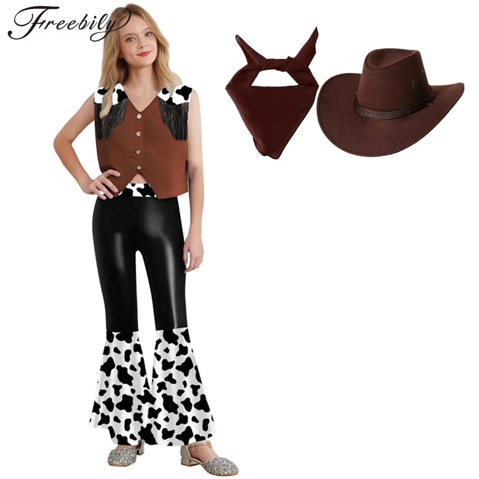 

Girls Halloween Western Cowgirl Cosplay Costume Tassels Vest Bell-Bottom Pants Scarf Hat Carnival Party Disco Dance Clothes